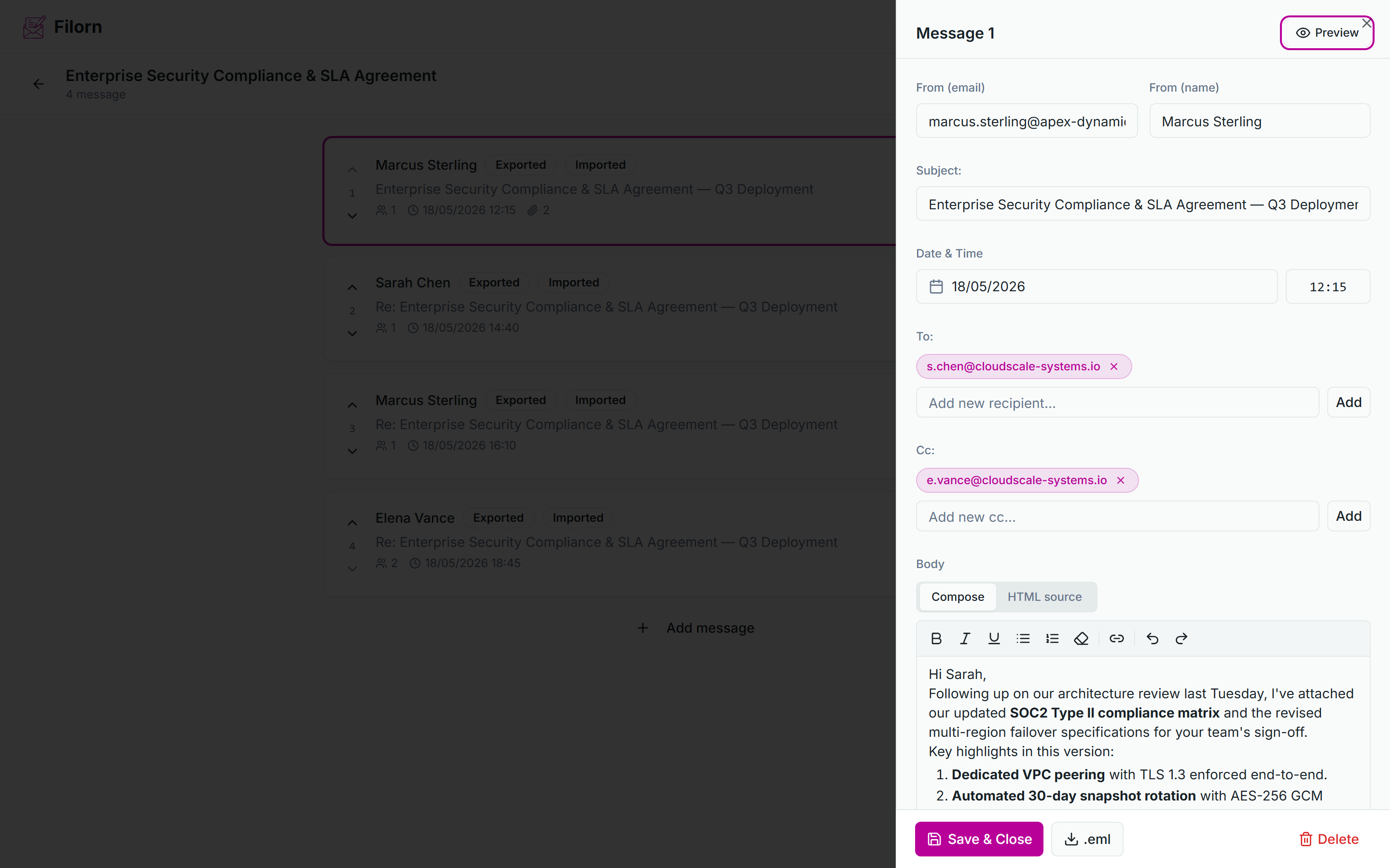 Filorn conversation builder with the message list on the left and the message editor panel open on the right