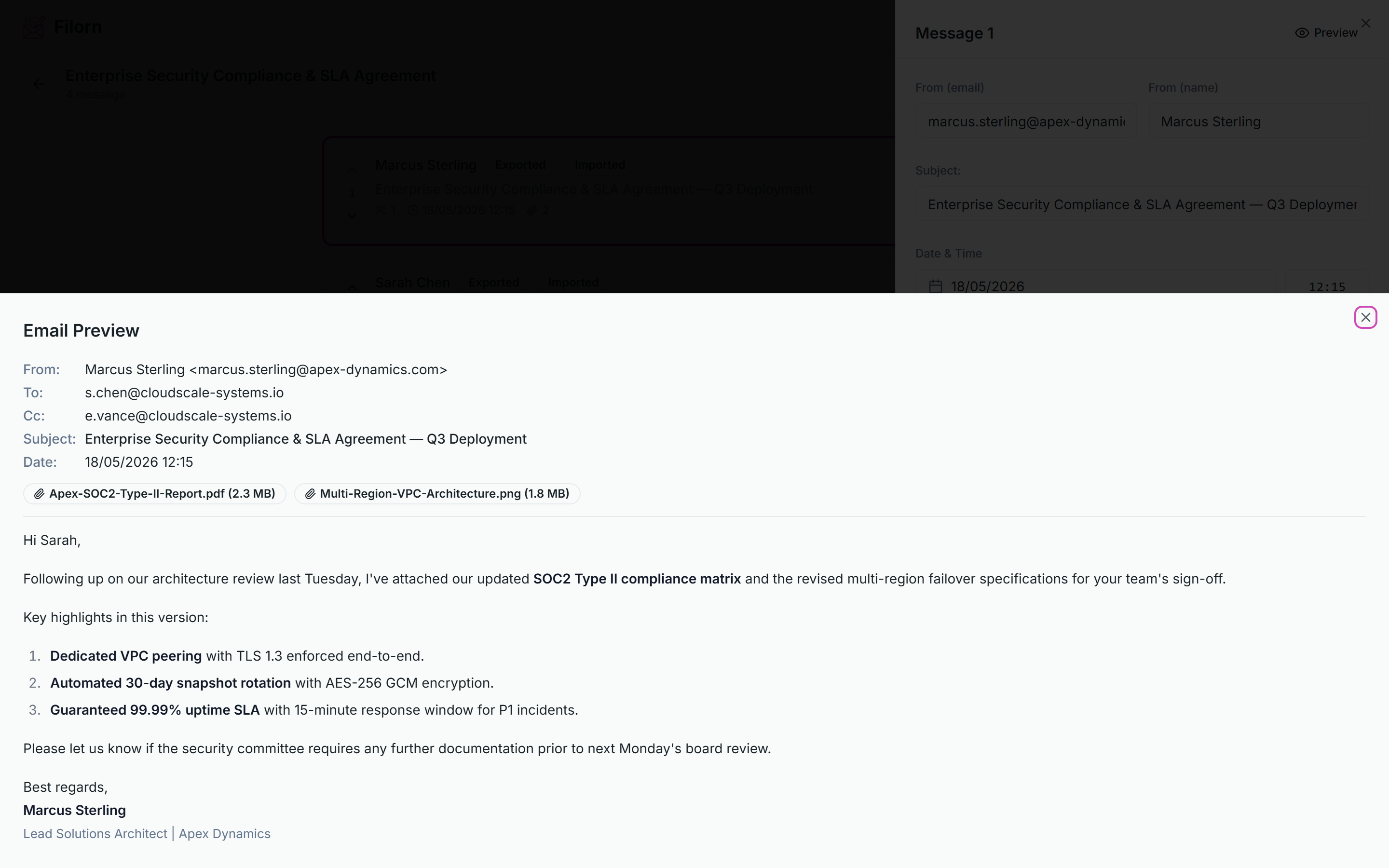 Filorn email preview rendering the assembled thread as a mail client would show it