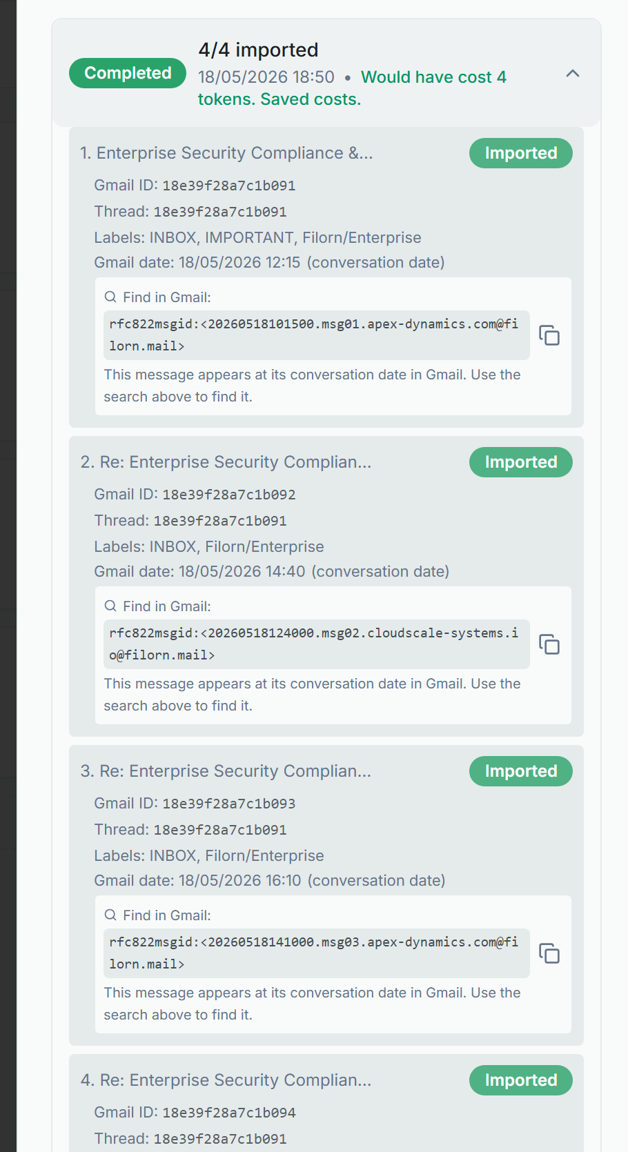 Filorn Gmail sync detail: four messages imported with Gmail IDs, thread IDs, labels and searchable message-IDs