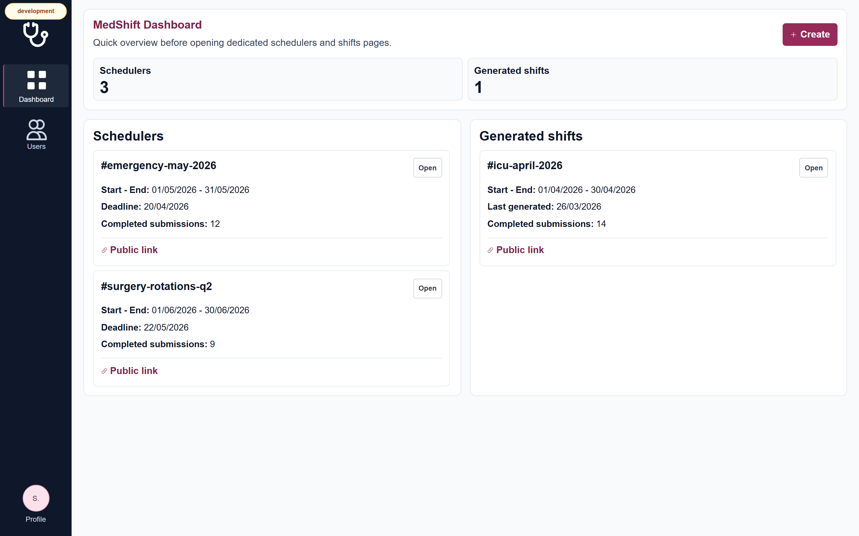 MedShift dashboard listing active schedules with deadlines and completion state