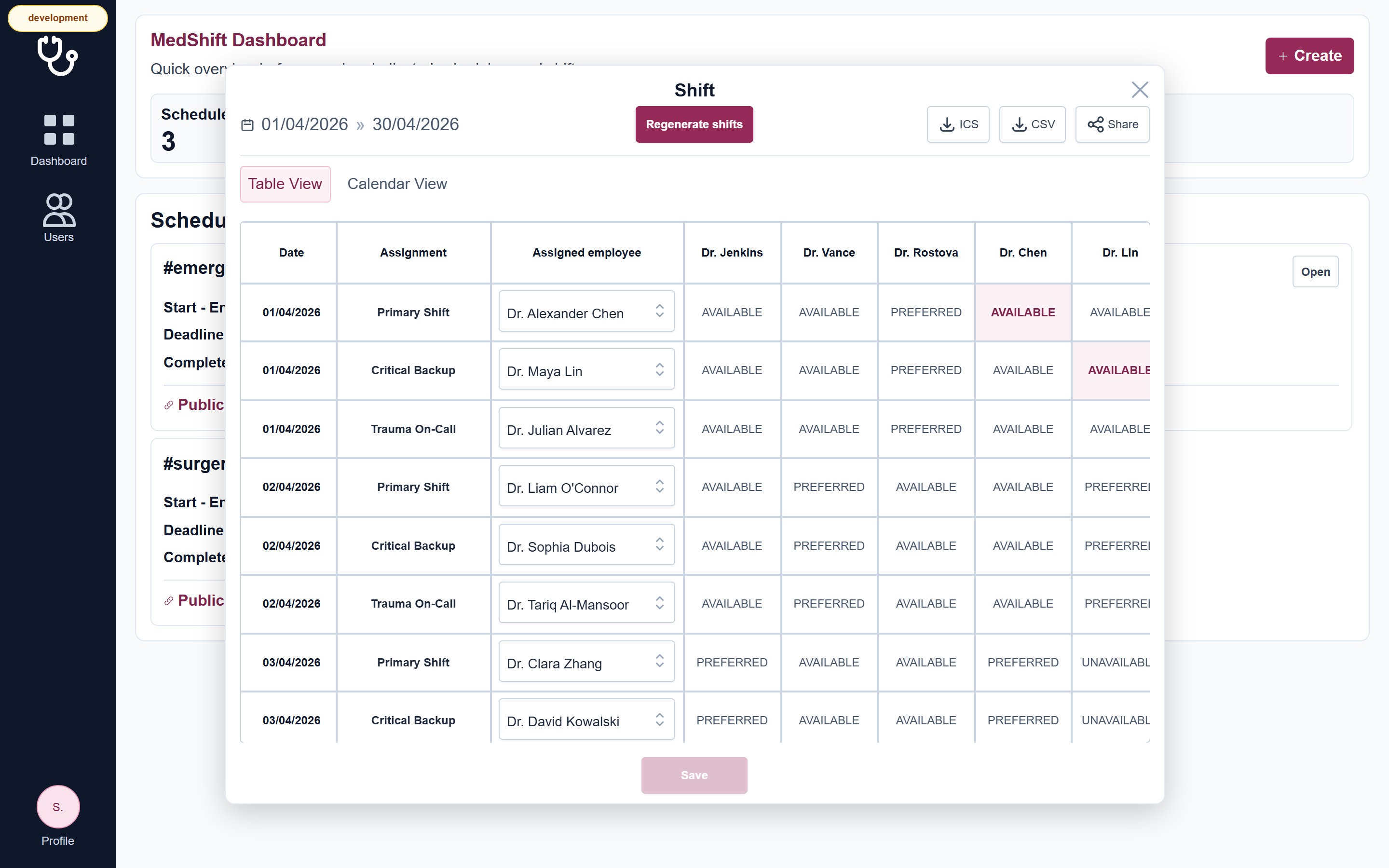 MedShift shift schedule showing a month of assignments with per-doctor availability and preference states