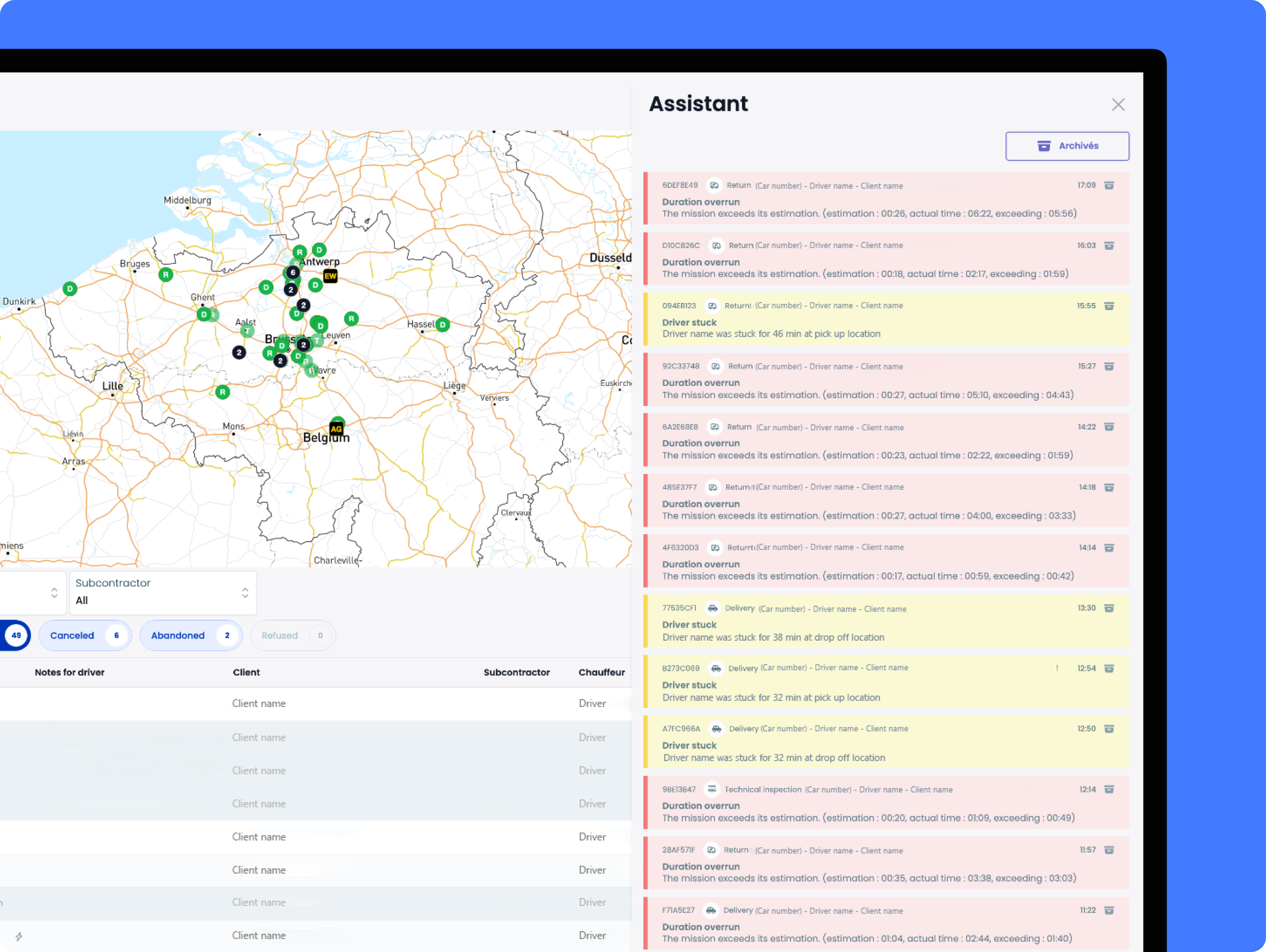 Mobvious dispatching assistant listing duration overruns and stuck drivers next to the live map